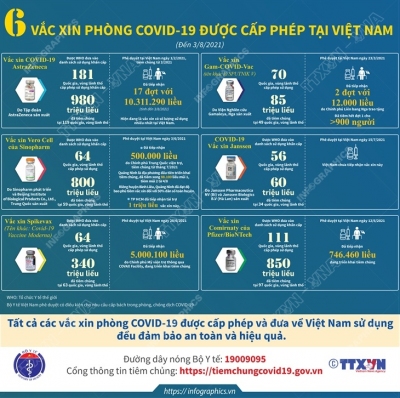 6 vắc xin phòng COVID-19 được cấp phép tại Việt Nam (tính đến 3/8/2021)