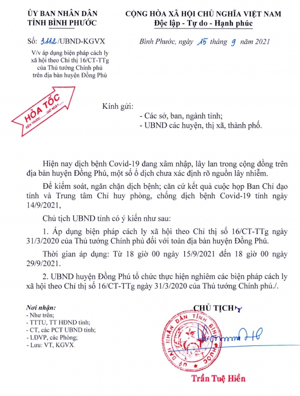 HỎA TỐC: Áp dụng biện pháp cách ly xã hội theo Chỉ thị 16 trên địa bàn huyện Đồng Phú