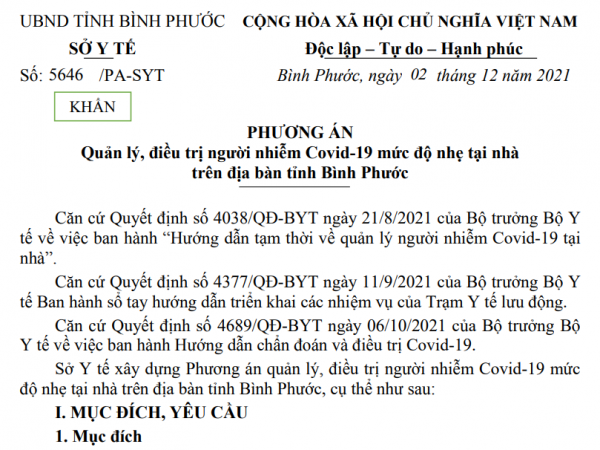 Phương án quản lý, điều trị người nhiễm COVID-19 mức độ nhẹ tại nhà