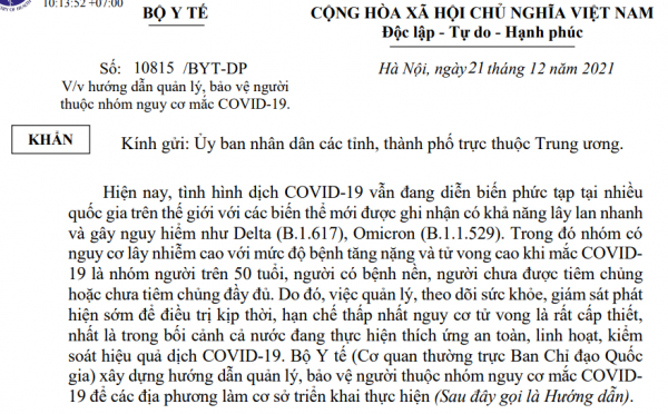 Hướng dẫn quản lý, bảo vệ người thuộc nhóm nguy cơ mắc Covid-19